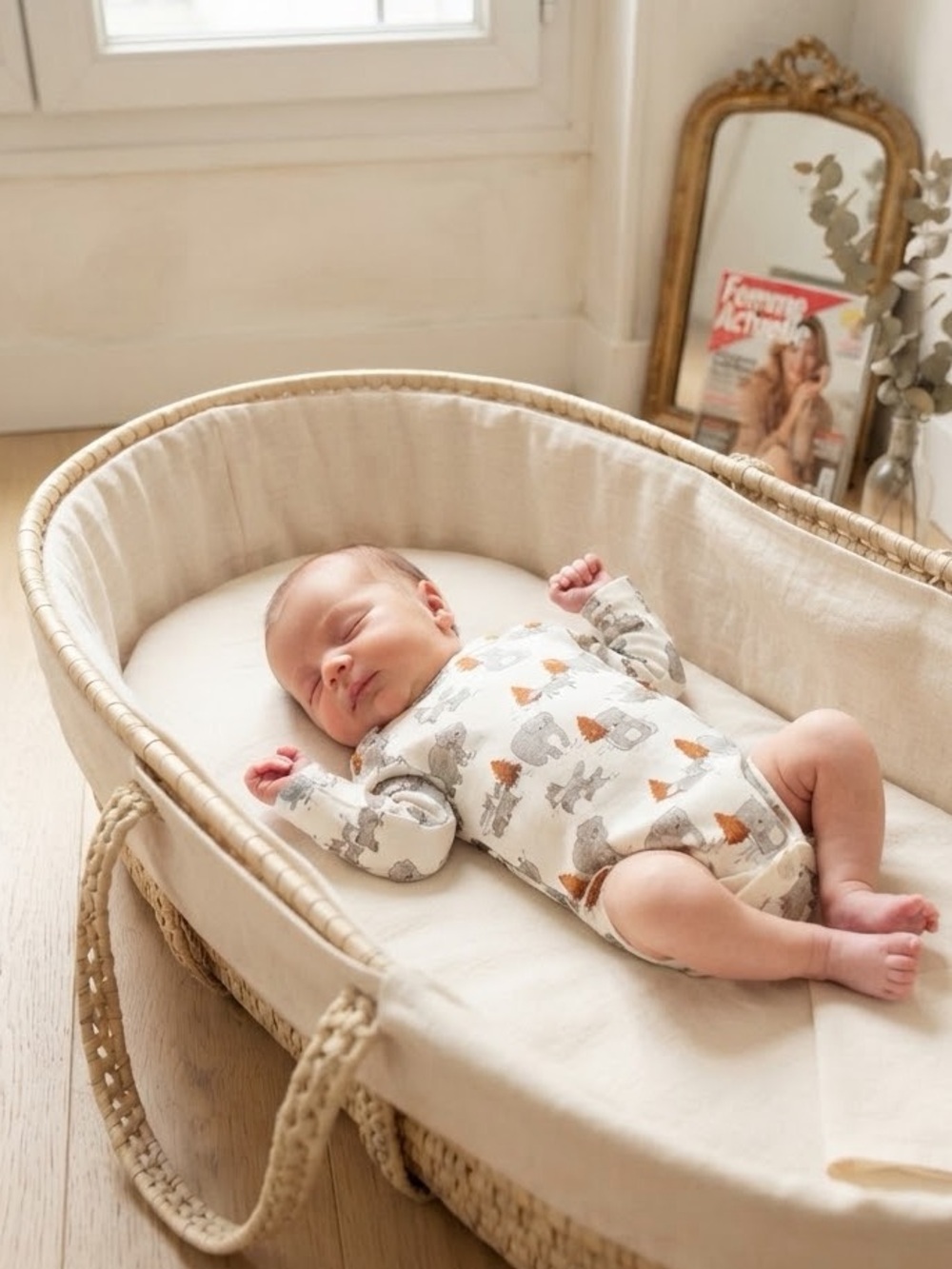 H&M Organic Cotton Cream Bear Forest Long Sleeve Bodysuit